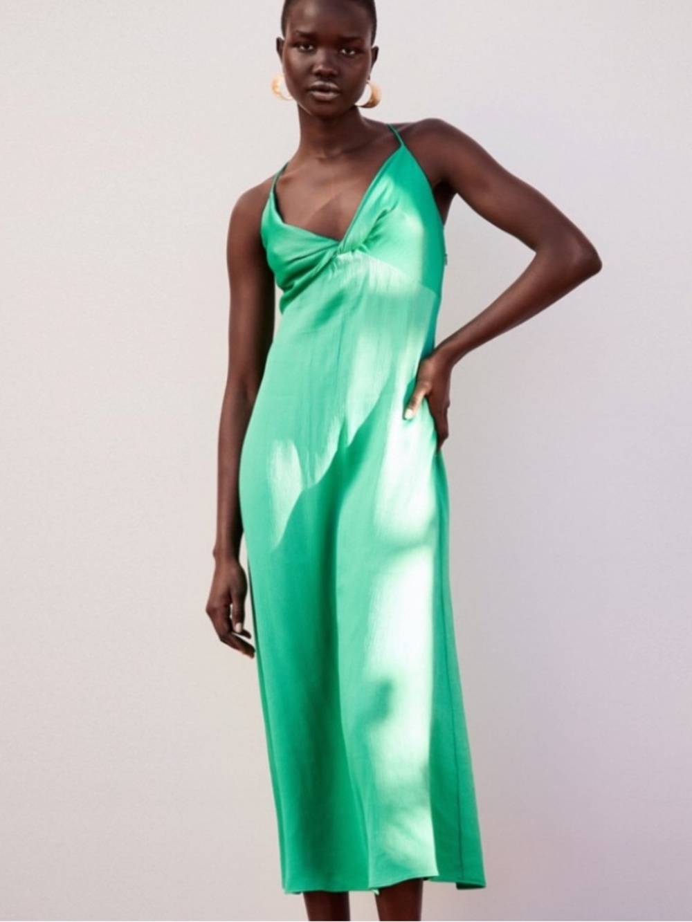 Zara Emerald Satin Knot-Front Slip Dress